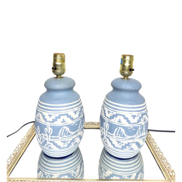 90s southwest style ceramic stoneware lamp pair pale blue and white cactus motif